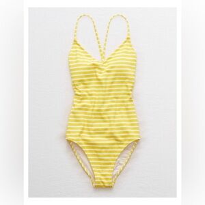 Aerie yellow striped ribbed strappy one piece swimsuit